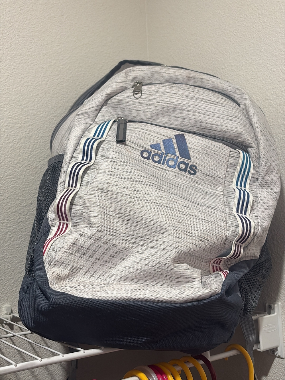adidas Men’s Light Gray and Navy Backpack with Accent Stripes